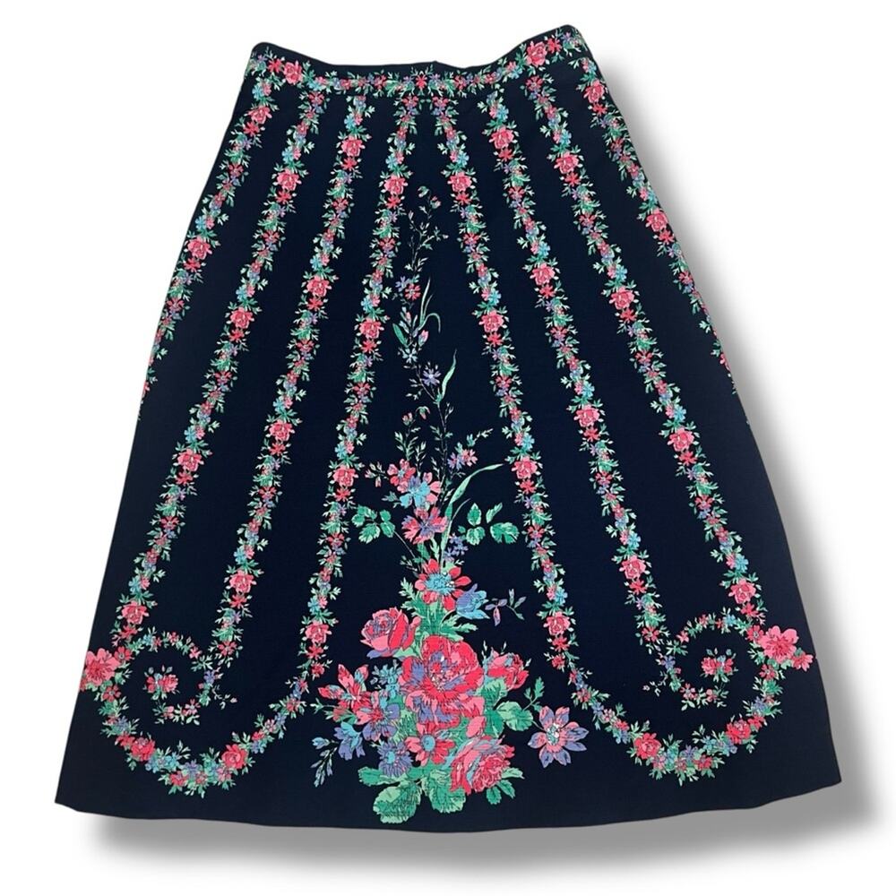 Vintage deep navy blue and floral A-Line midi skirt - Picture 2 of 5